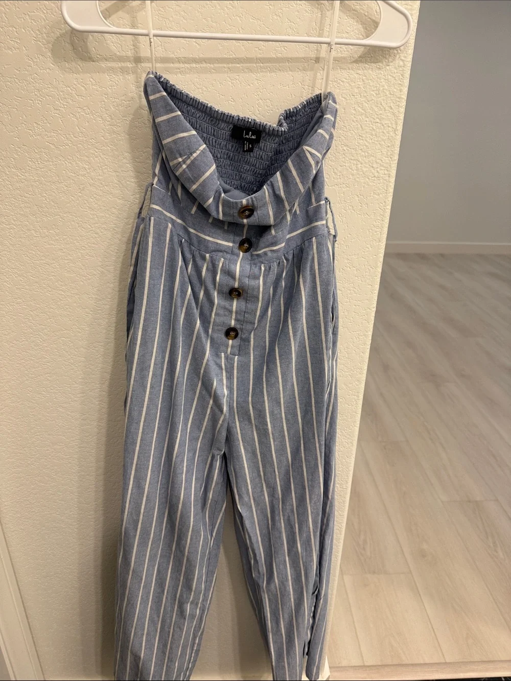 Lulu's Light Blue & White Striped Strapless Wide-Leg Jumpsuit - Picture 2 of 3